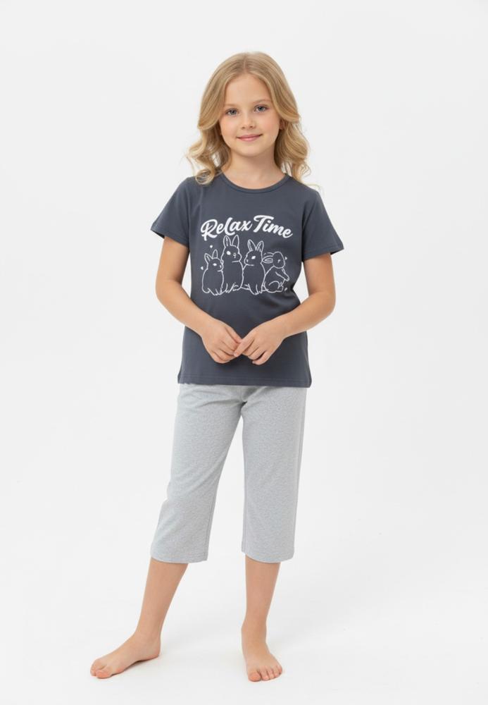 Pijama copii cu maneca scurta si pantaloni 3/4,culoare gri inchis,Engros